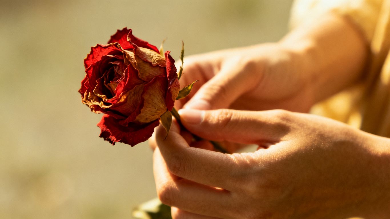 Verwelkende rote Rose in einer Hand