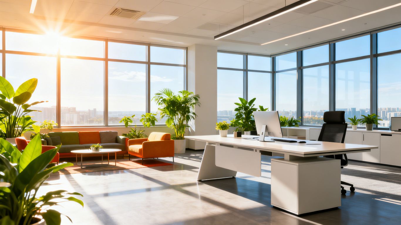 Heller, moderner Arbeitsplatz mit viel Platz und Sonnenlicht.