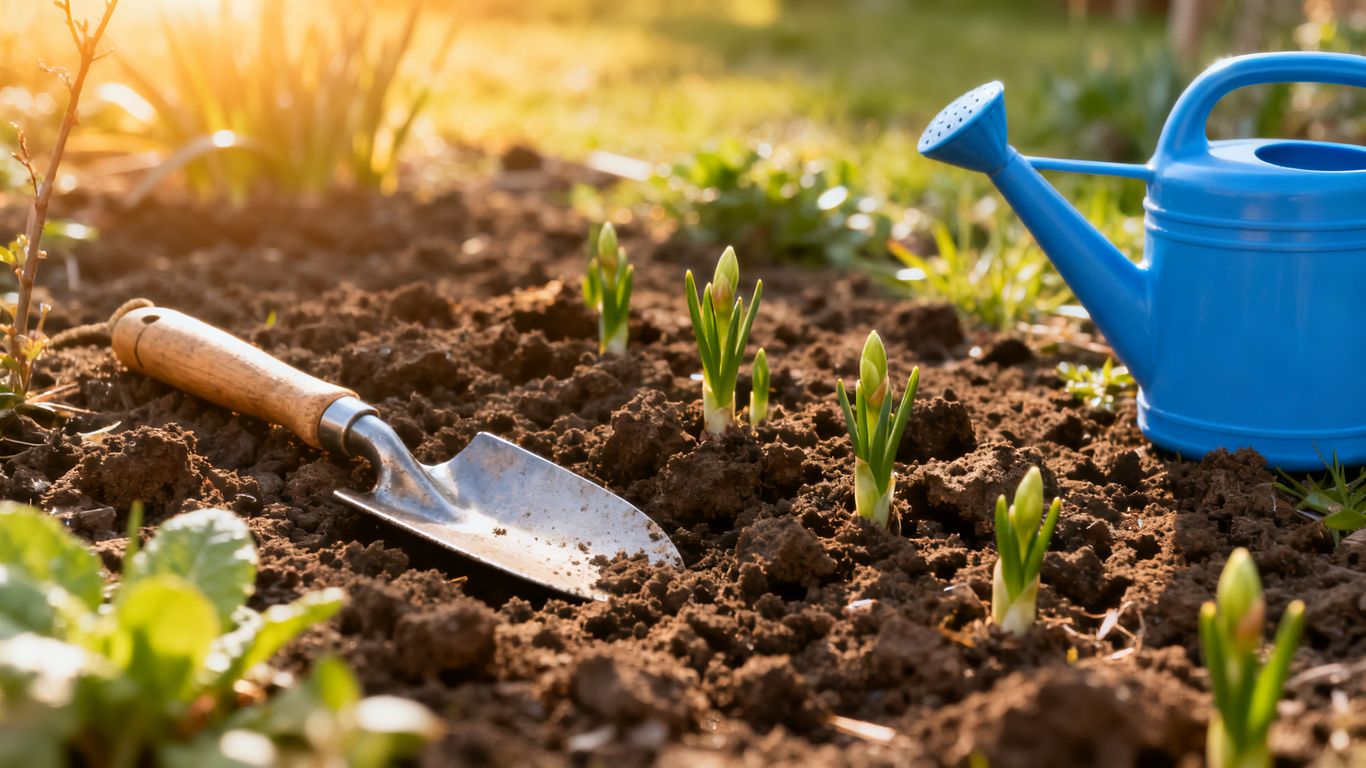 Garten im Frühling mit frischer Erde und Pflanzen