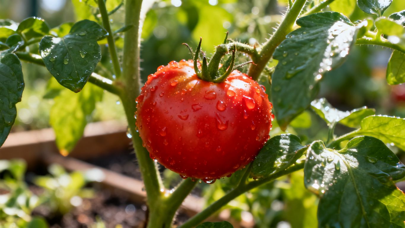 Tomatenpflanze mit Wassertropfen auf Blättern und Früchten.