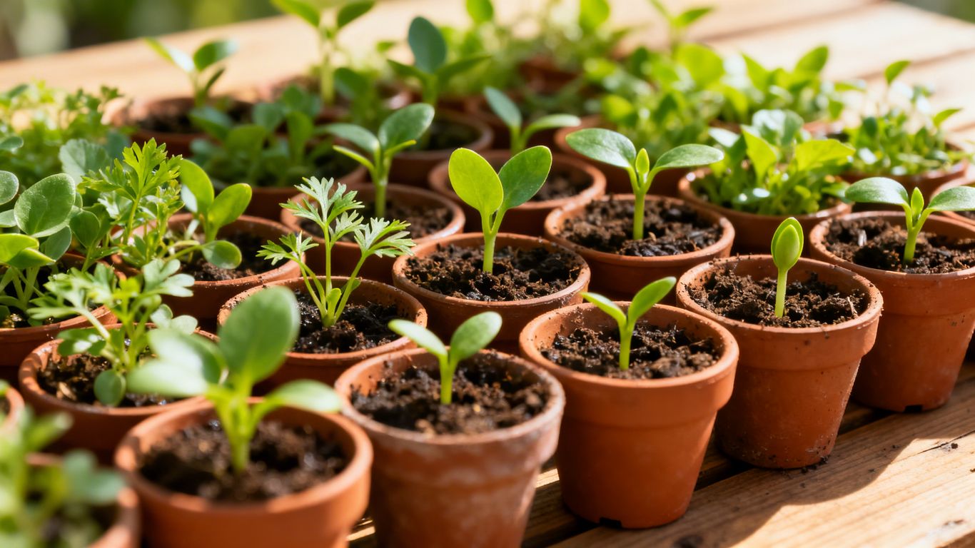 Viele junge Pflanzen in Töpfen