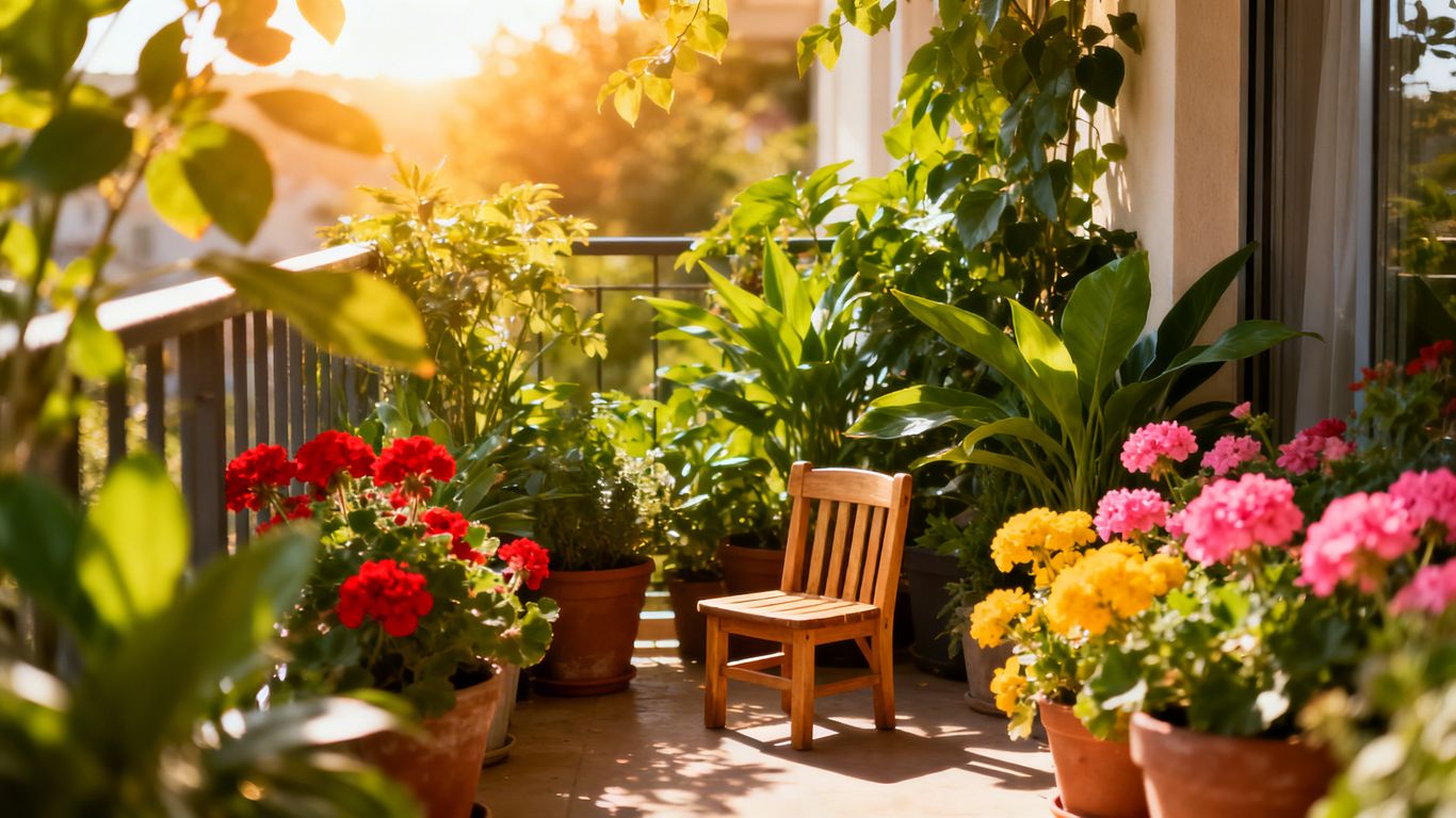 Grüner Balkon mit vielen Pflanzen und Blumen.