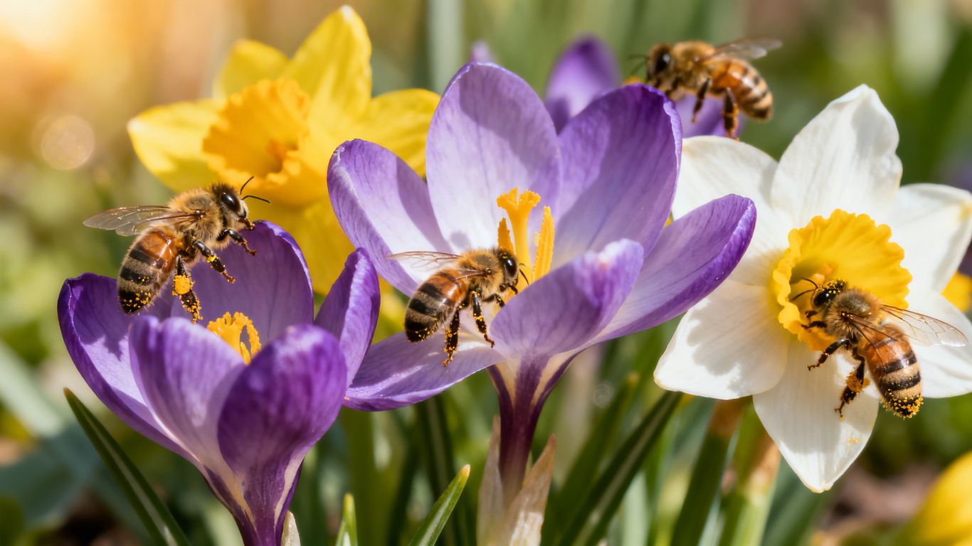Bienen auf Frühlingsblumen im Garten