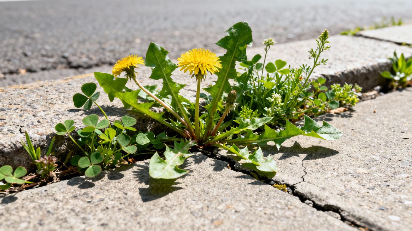 Essbare Wildkräuter wachsen auf einem städtischen Bürgersteig.