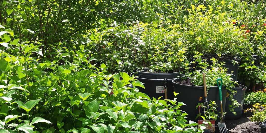 Grüner Garten mit Kompost und Werkzeugen.