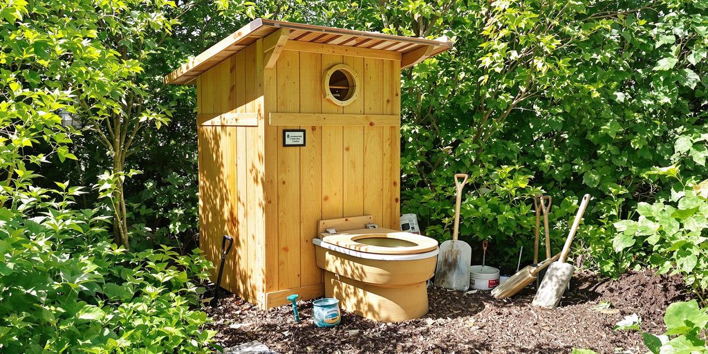 Selbstgebaute Komposttoilette im Garten zwischen Pflanzen und Bäumen