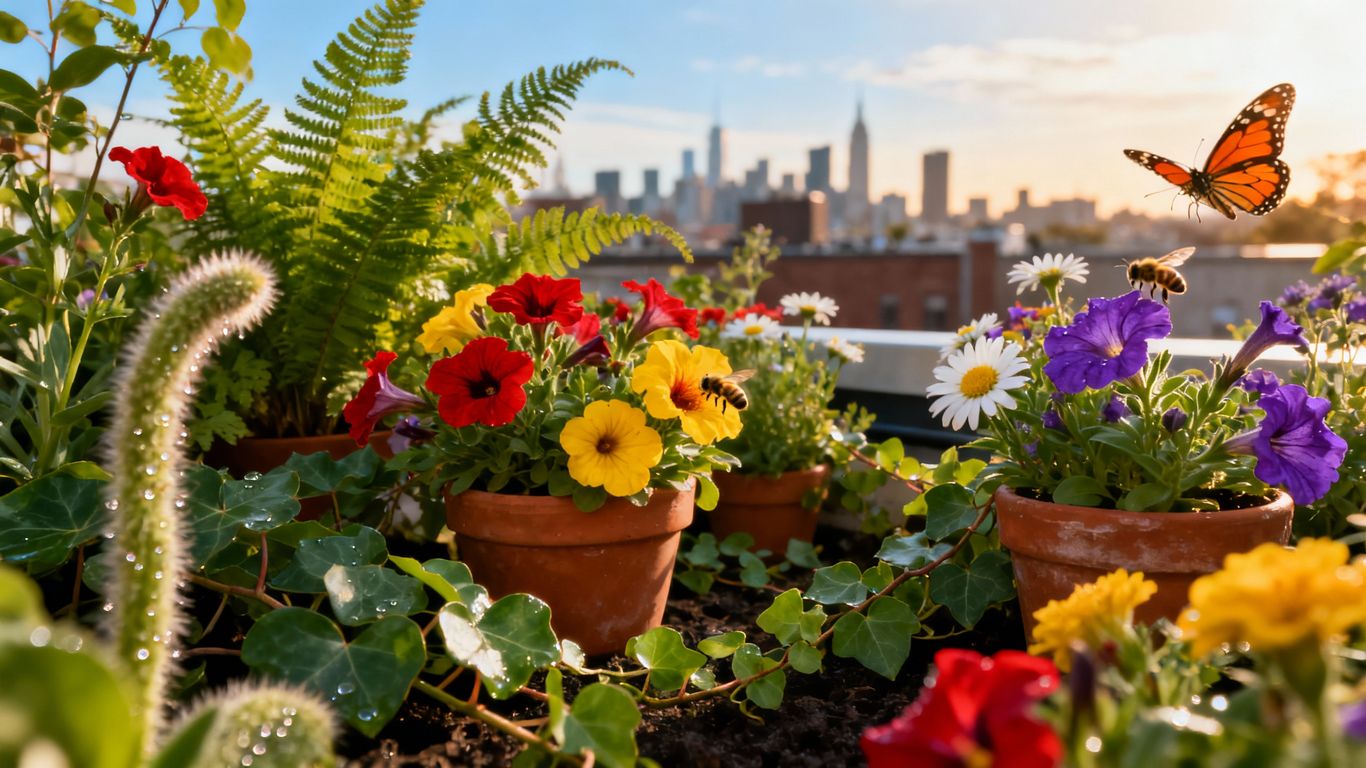 Mini-Garten mit Blumen auf dem Dach