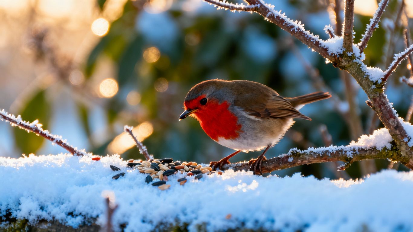Rotkehlchen frisst im verschneiten Garten