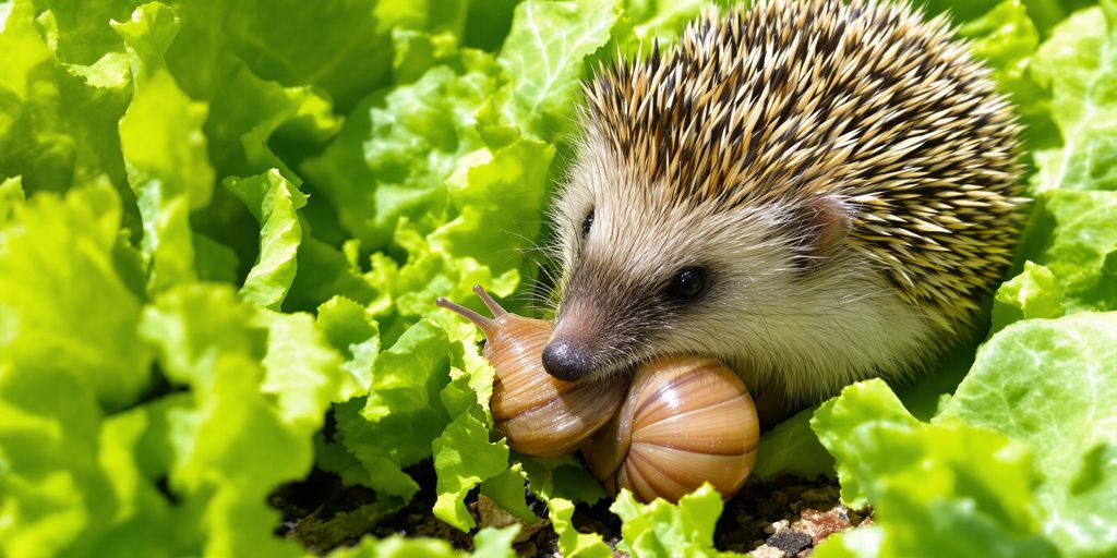 Igel frisst Schnecke im Gemüsegarten
