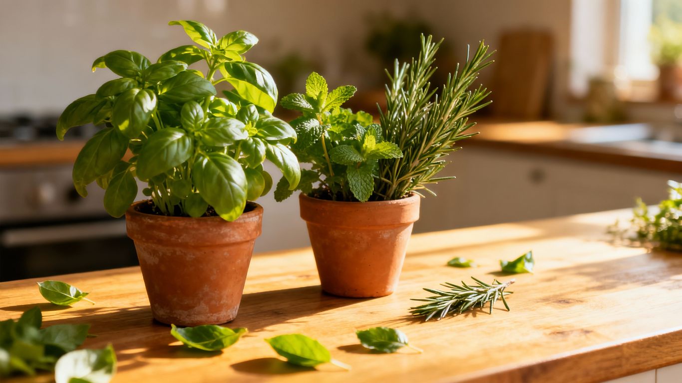 Frische Kräuter in Töpfen auf einer Küchenarbeitsplatte.
