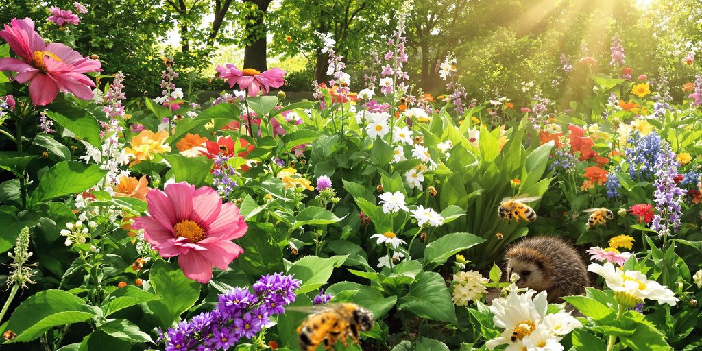 Nützlinge wie Marienkäfer und Bienen im blühenden Garten