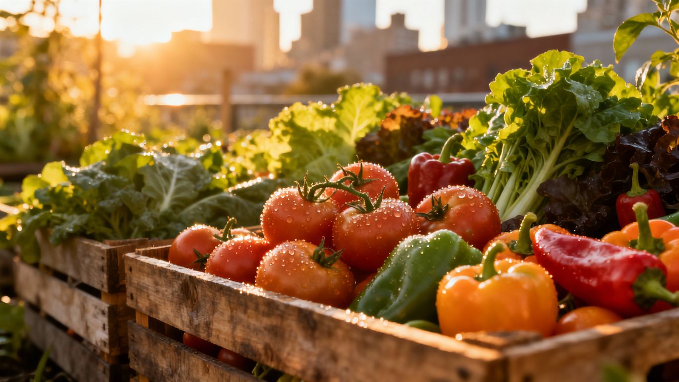 Frisches Gemüse wird in Holzkisten auf einem städtischen Balkon geerntet.