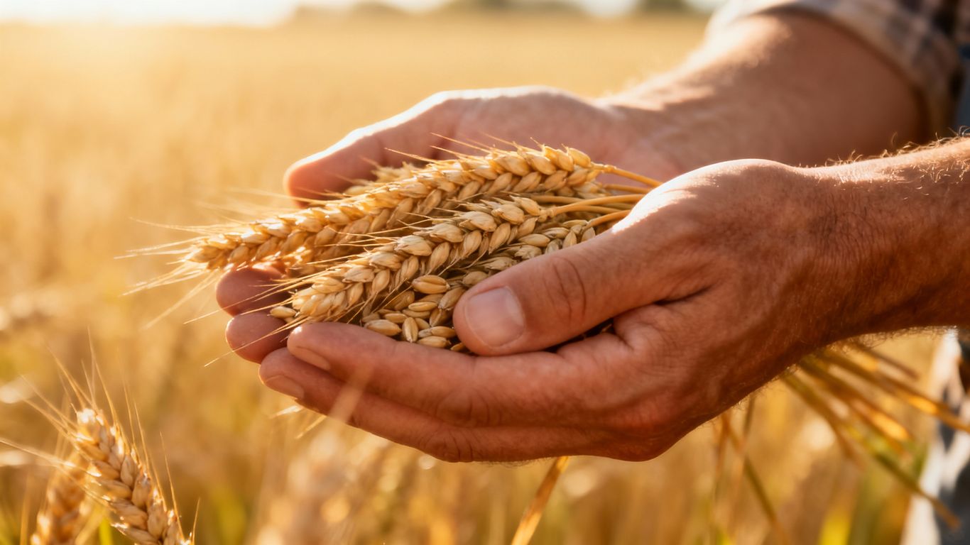 Hände halten reife Weizenähren im Sonnenlicht.