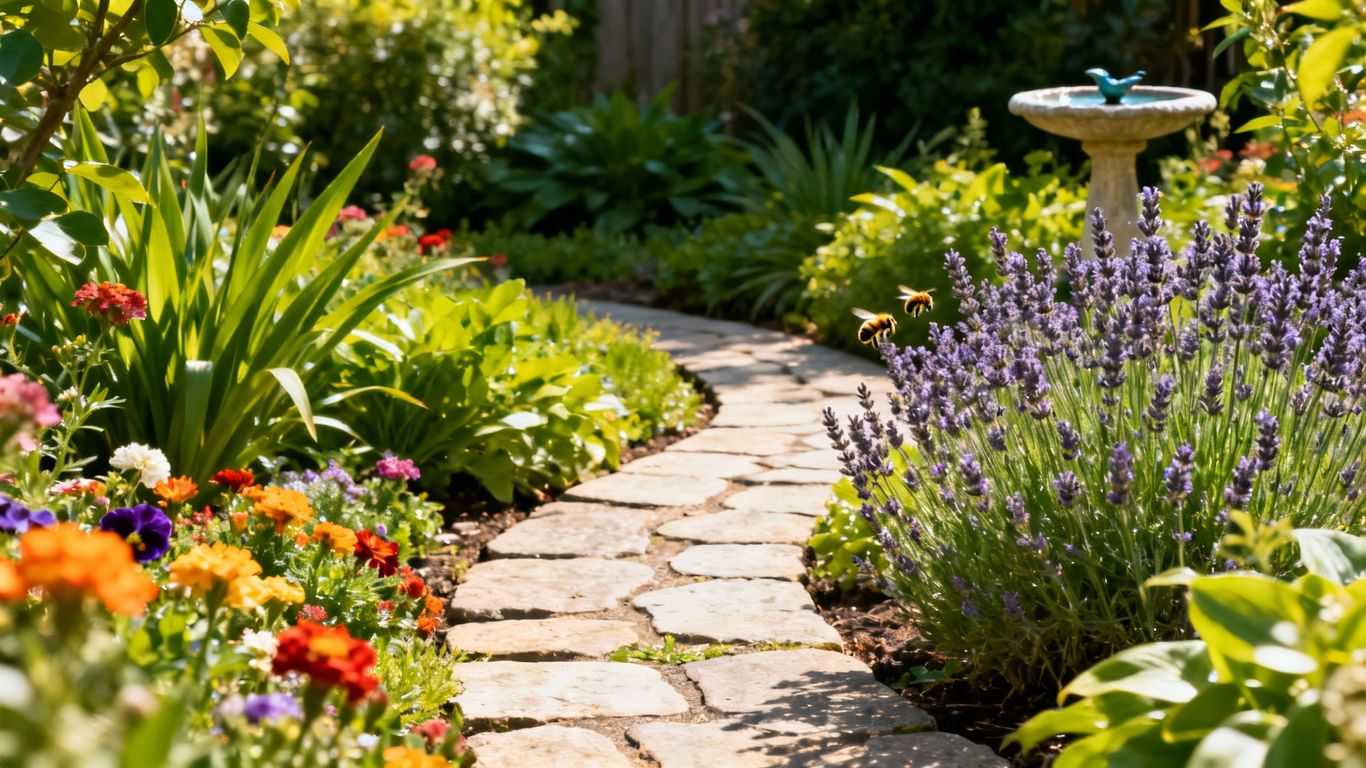 Kleine Gartenoase mit bunten Blumen und grünen Pflanzen.