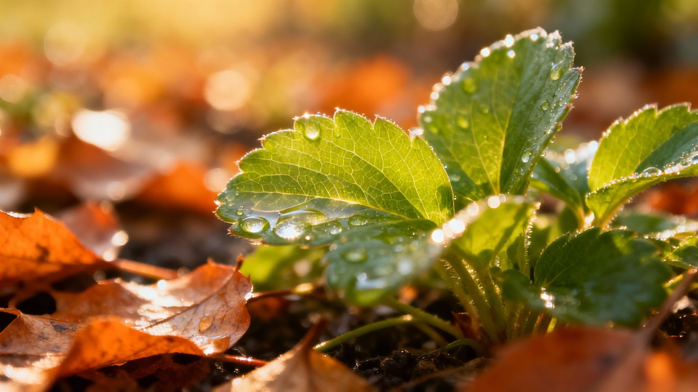 Gesunde Pflanzenblätter im Herbst mit Tautropfen.