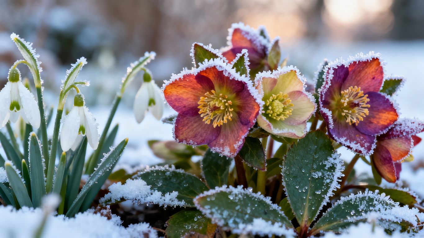 Winterblumen blühen trotz Kälte in leuchtenden Farben.