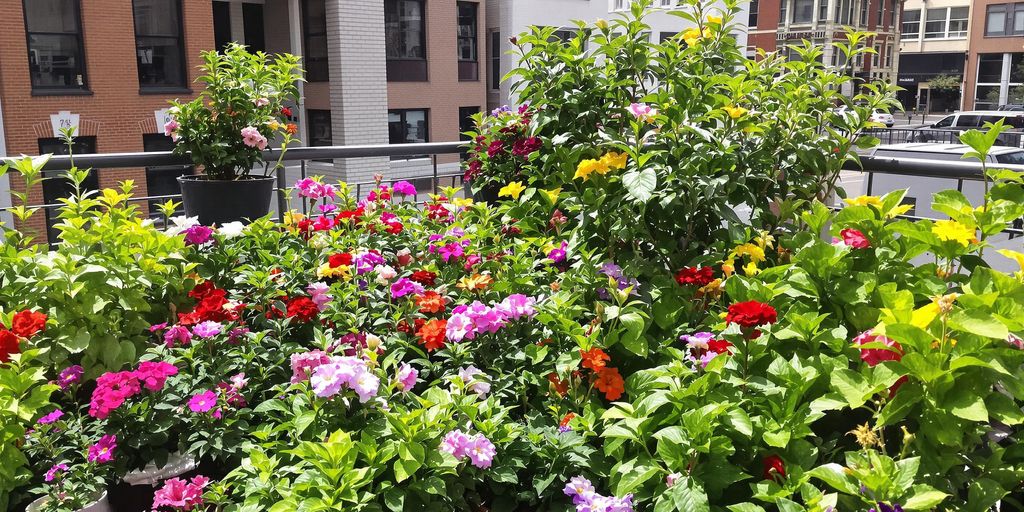 Städtischer Balkon mit grünen Pflanzen und bunten Blüten.