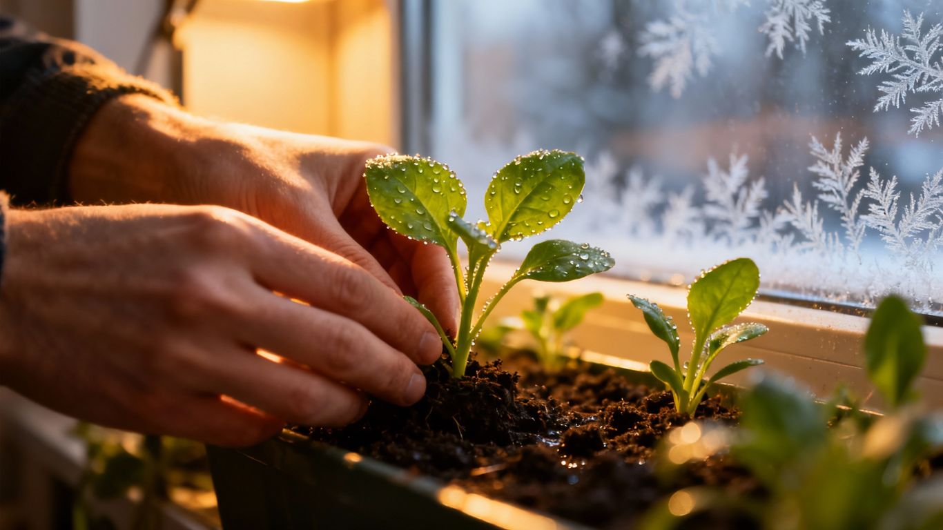Hände pflegen Pflanzen im Wintergarten unter Licht.