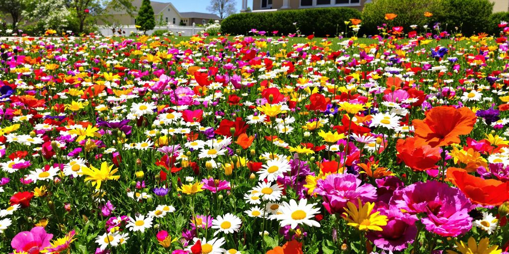 Bunte Blumenwiese mit Bienen und Schmetterlingen im Sonnenschein.