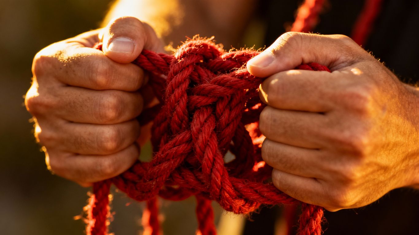 Verwickelte rote Seile in menschlichen Händen