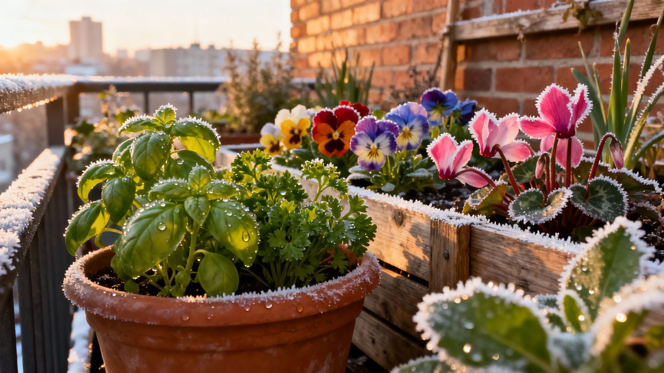 Urbane Gärten auf Balkon und Fensterbank im Winter