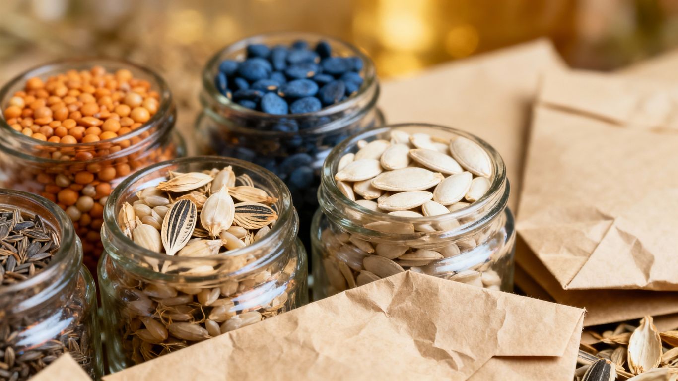 Verschiedene Samen in Gläsern und Umschlägen gelagert.