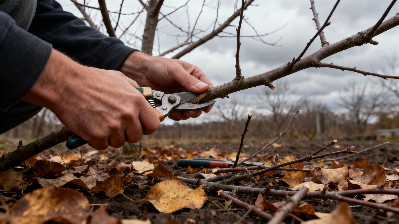 Baumschnitt im Herbst mit Händen und Gartenschere