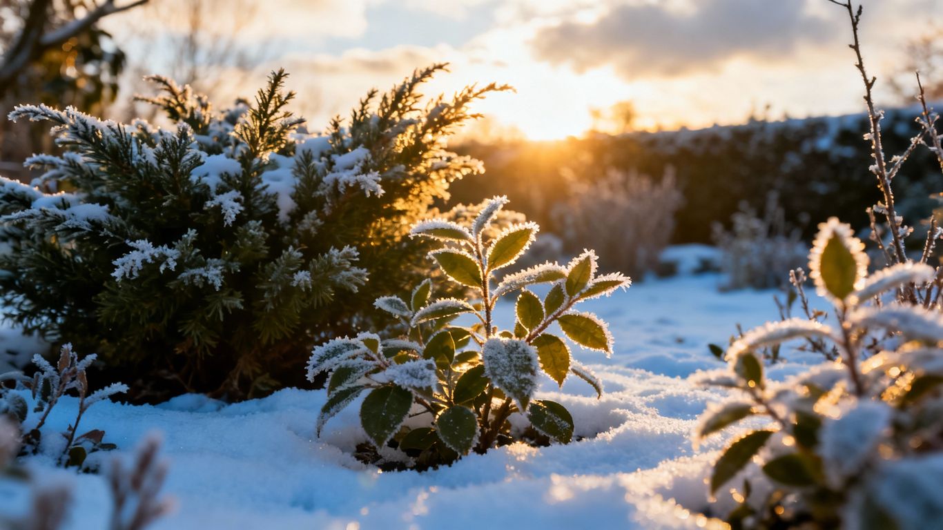 Wintergarten mit frostigen Pflanzen und Schnee
