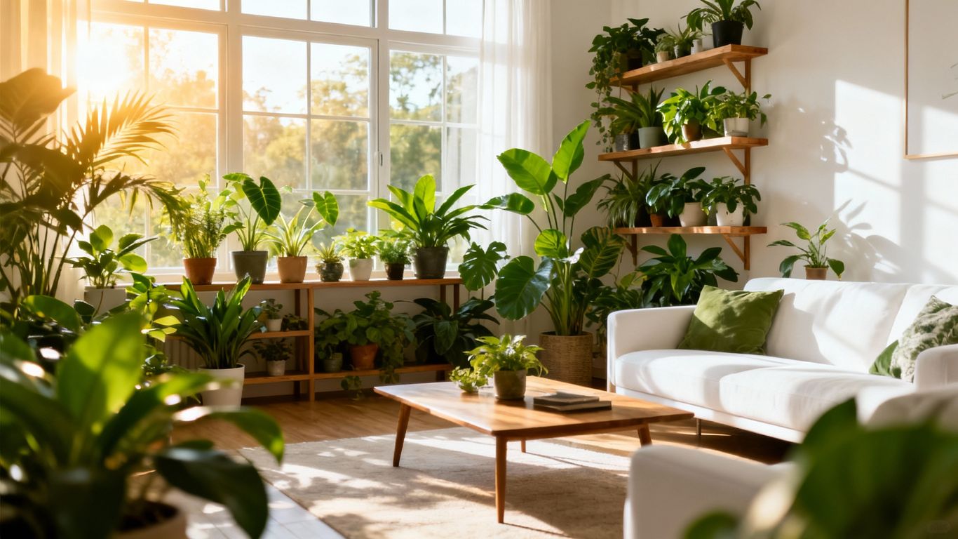 Zimmerpflanzen verbessern das Raumklima in einem hellen Wohnzimmer.
