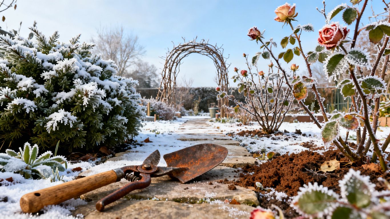Wintergarten mit Werkzeugen und Schnee
