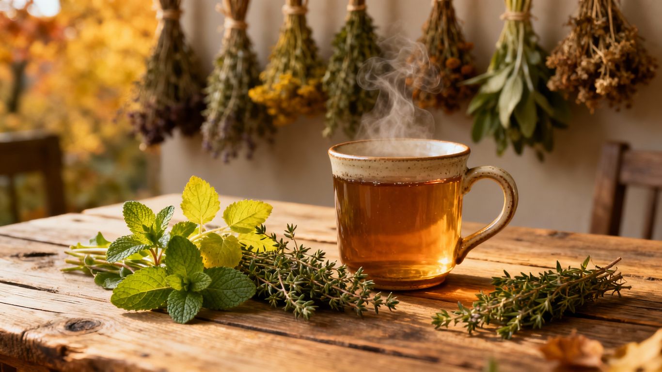 Herbsttee aus frischen Gartenkräutern und einer Tasse Tee.