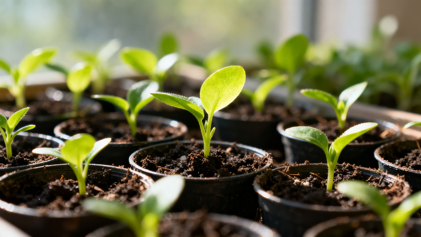 Kleine grüne Setzlinge in Erde, bereit zum Wachsen.