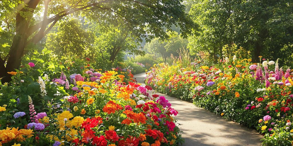 Garten mit Blumen und grünen Pflanzen.