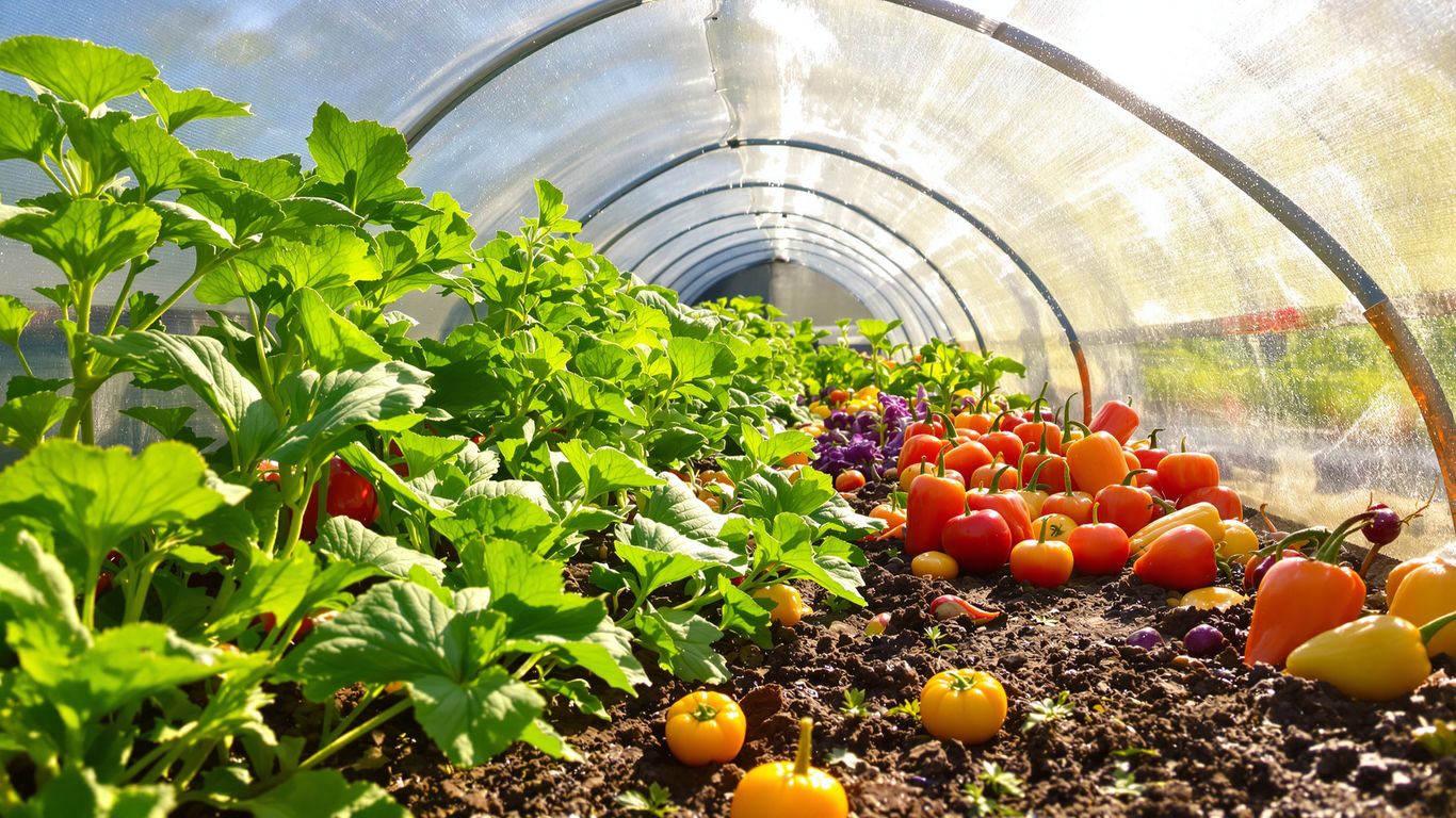 Kaltbeet mit Pflanzen und Gemüse im Herbstlicht