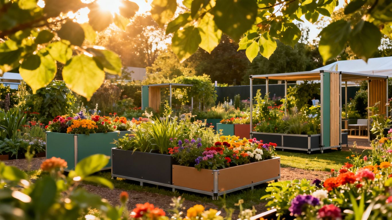 Temporärer Garten mit bunten Blumen und flexiblen Strukturen.