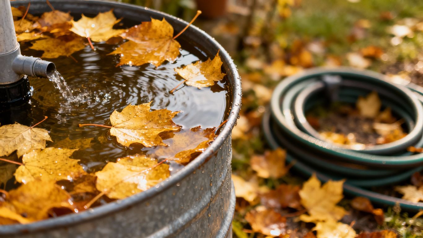 Regenwasserfass im Herbstgarten mit fallenden Blättern.