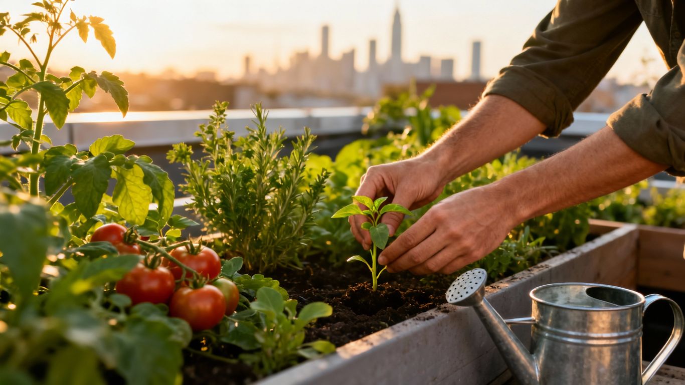 Nachhaltiger Urban Gardening auf einem Dachgarten mit Pflanzen.