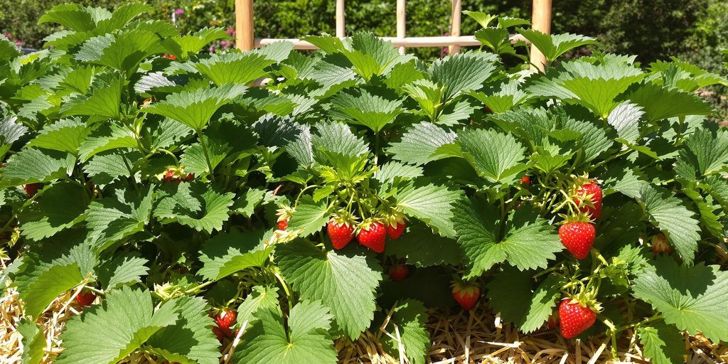 Erdbeerpflanzen mit Stroh und Rankhilfe im Garten