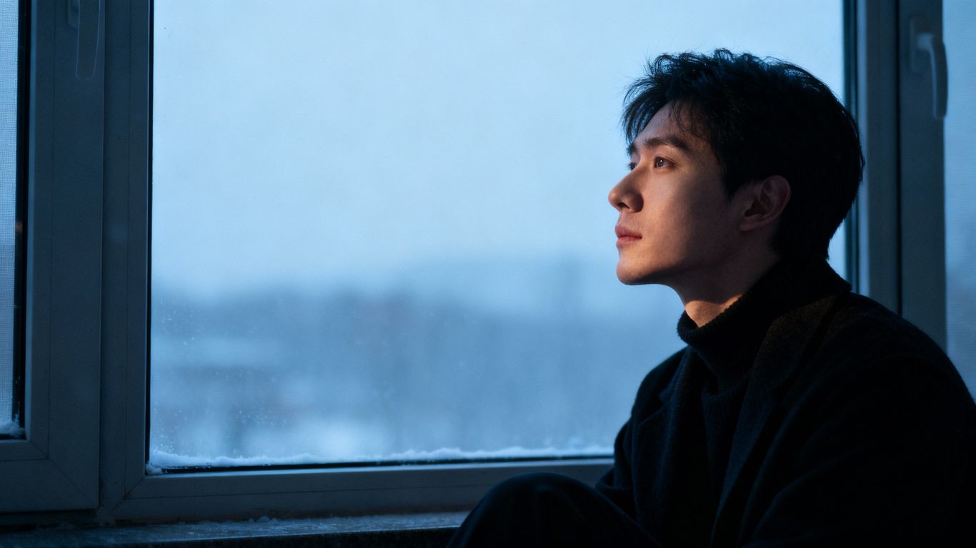 Nachdenkliche Person blickt aus dem Fenster im Februar.