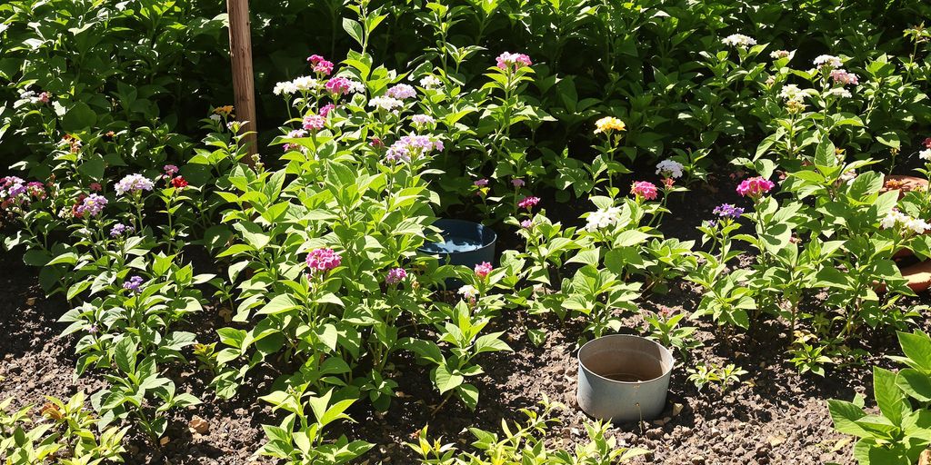 Grüner Garten mit Pflanzen und Werkzeugen.