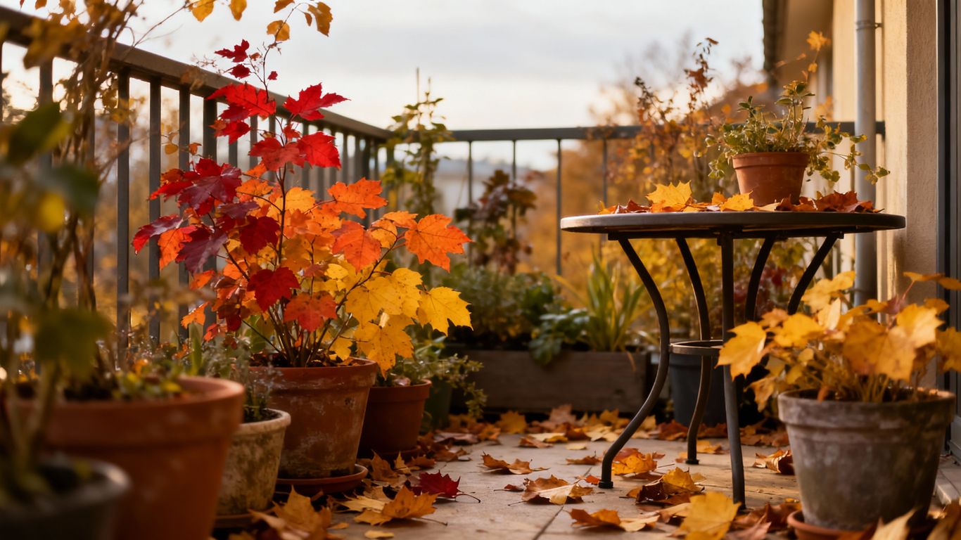 Balkonpflanzen im Spätherbst mit bunten Blättern und Herbstlaub.