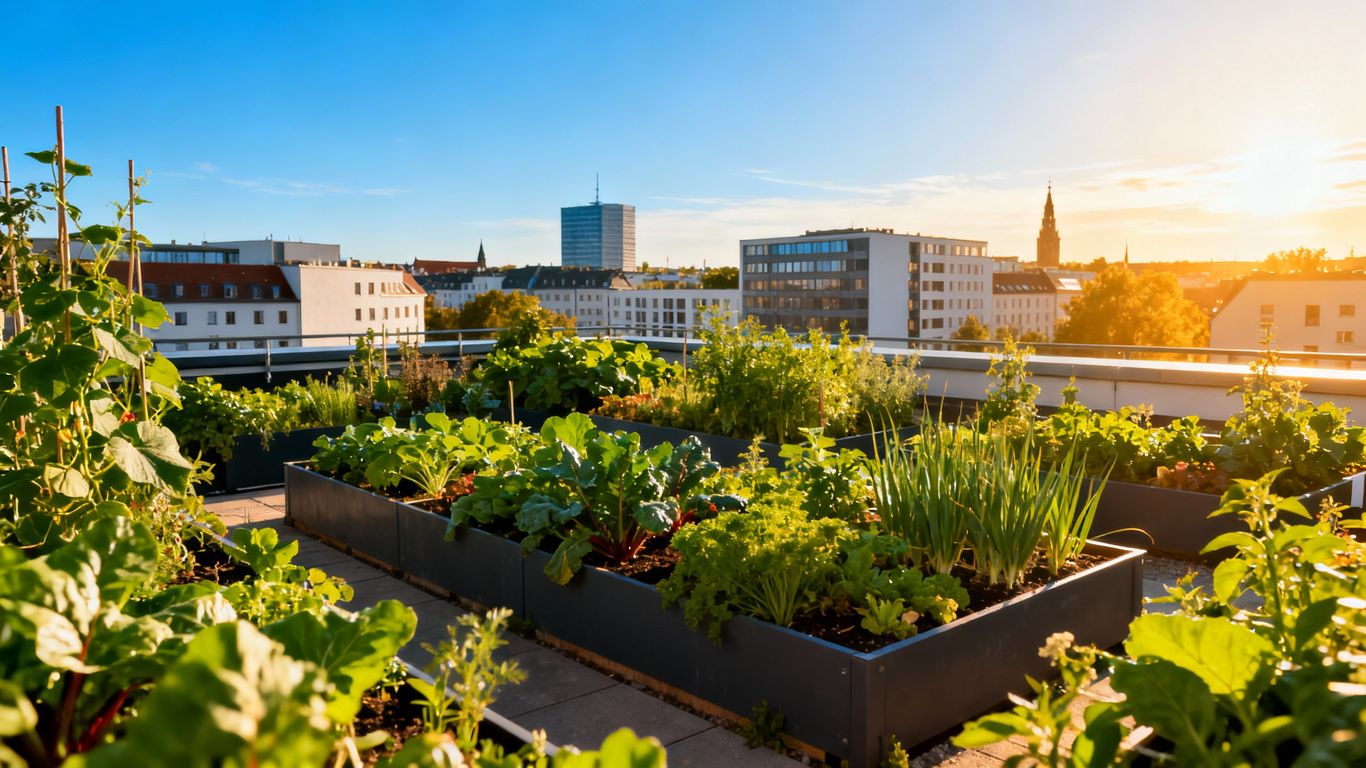 Grüner Stadtgarten auf einem Dach mit Stadtkulisse.