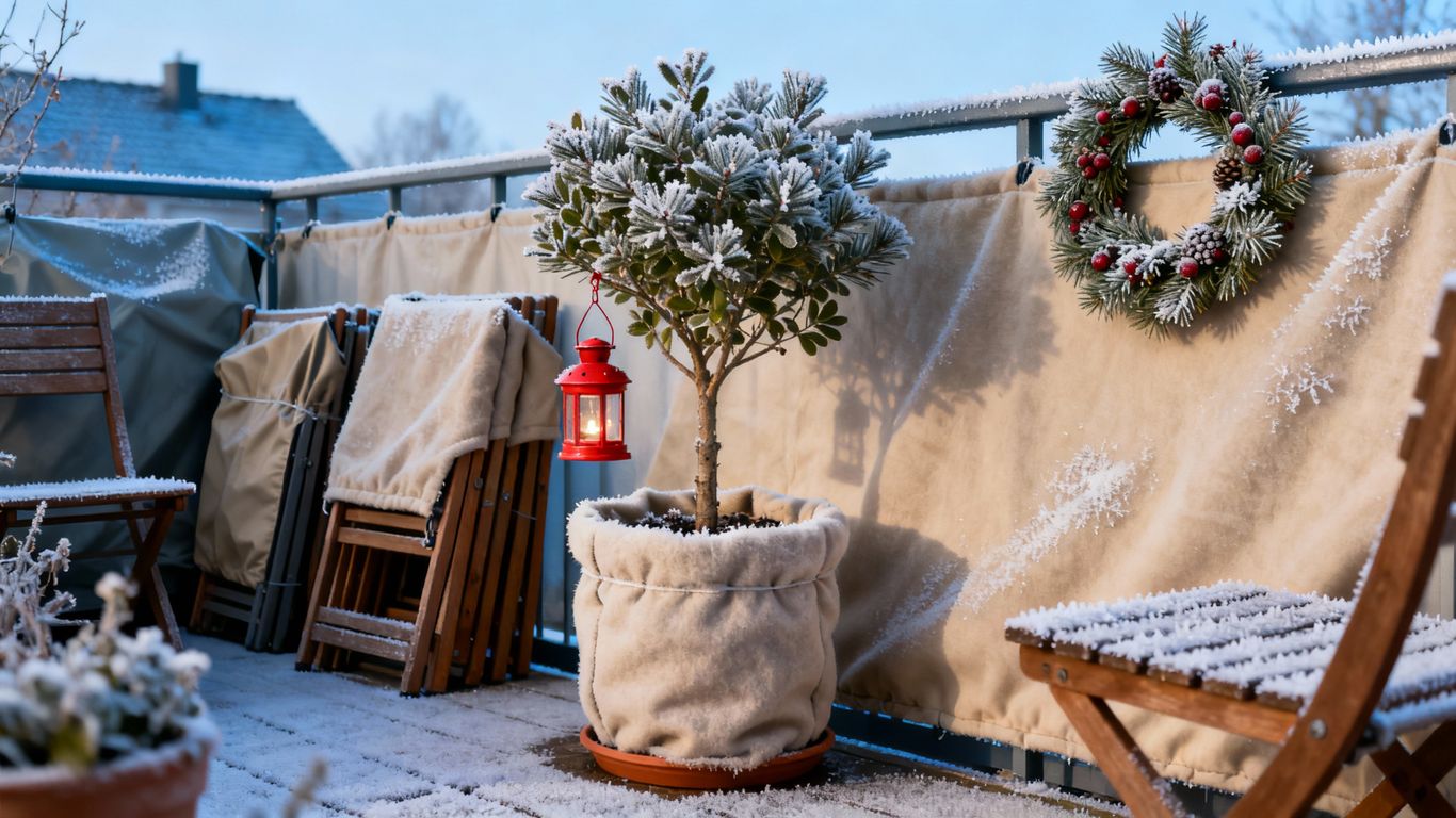 Balkon winterfest gemacht mit Pflanzen und Möbeln.