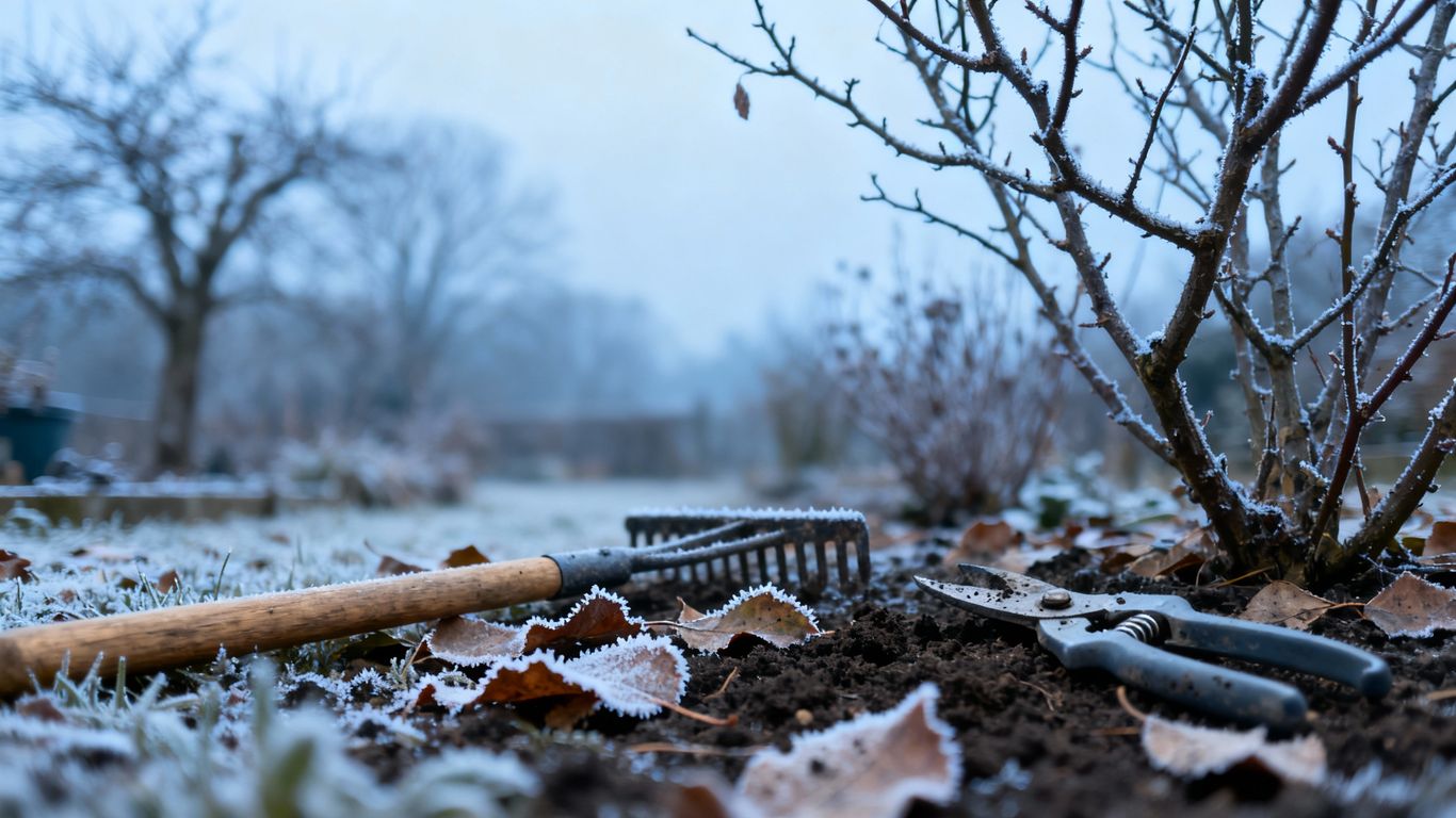 Garten im frühen Winter mit Werkzeugen und Laub.