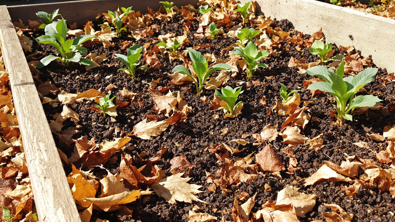 Hochbeet mit Erde und Herbstlaub
