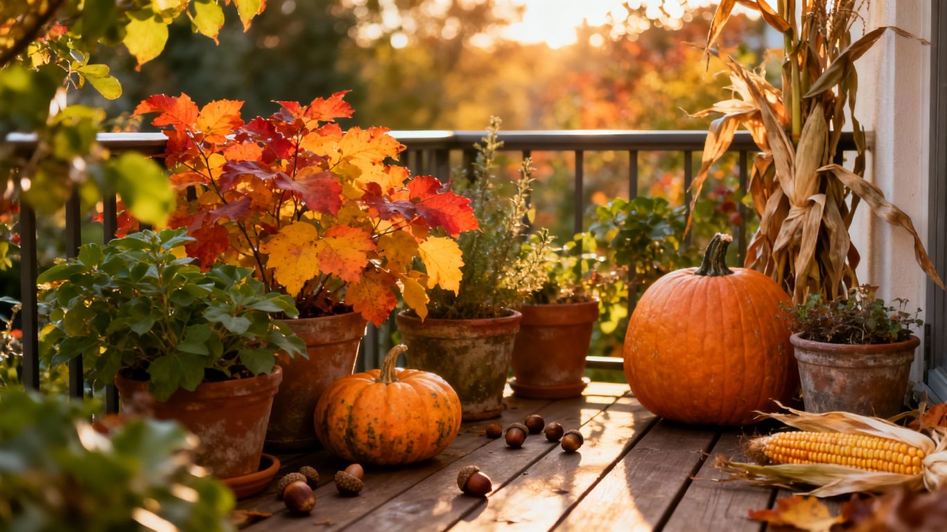 Herbstliche Deko für Balkon und Garten mit bunten Blättern.