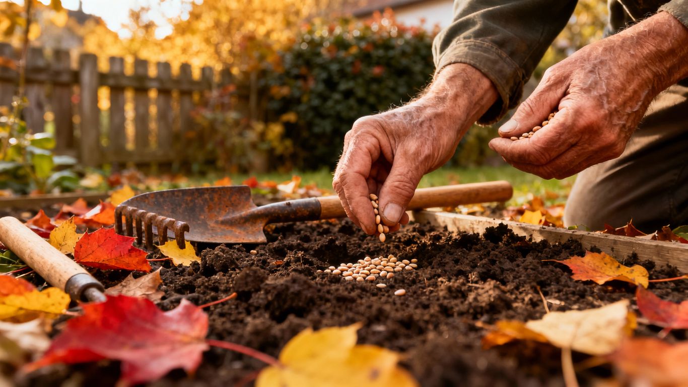 Gärtner sät Samen im herbstlichen deutschen Garten aus.