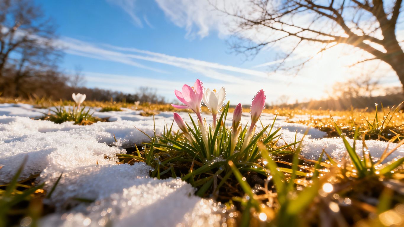 Übergang von Winter zu Frühling mit schmelzendem Schnee und ersten Blumen.
