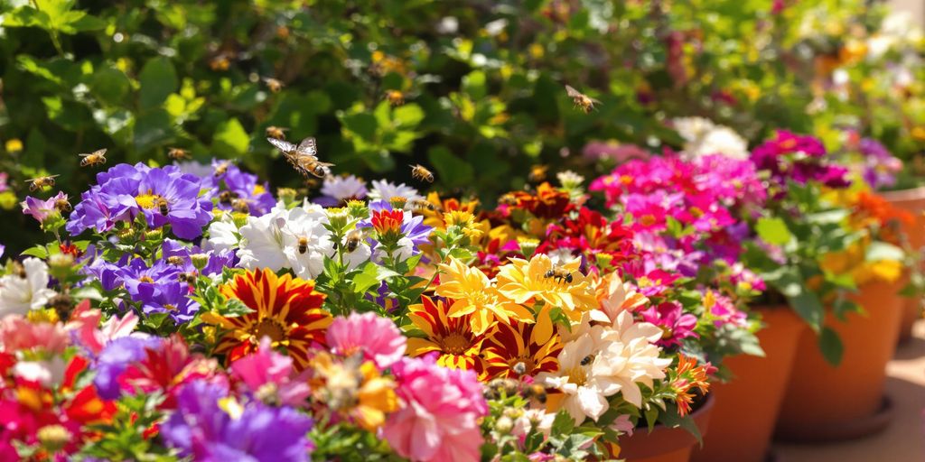 Bunte Blumen in Töpfen ziehen verschiedene Insekten an.
