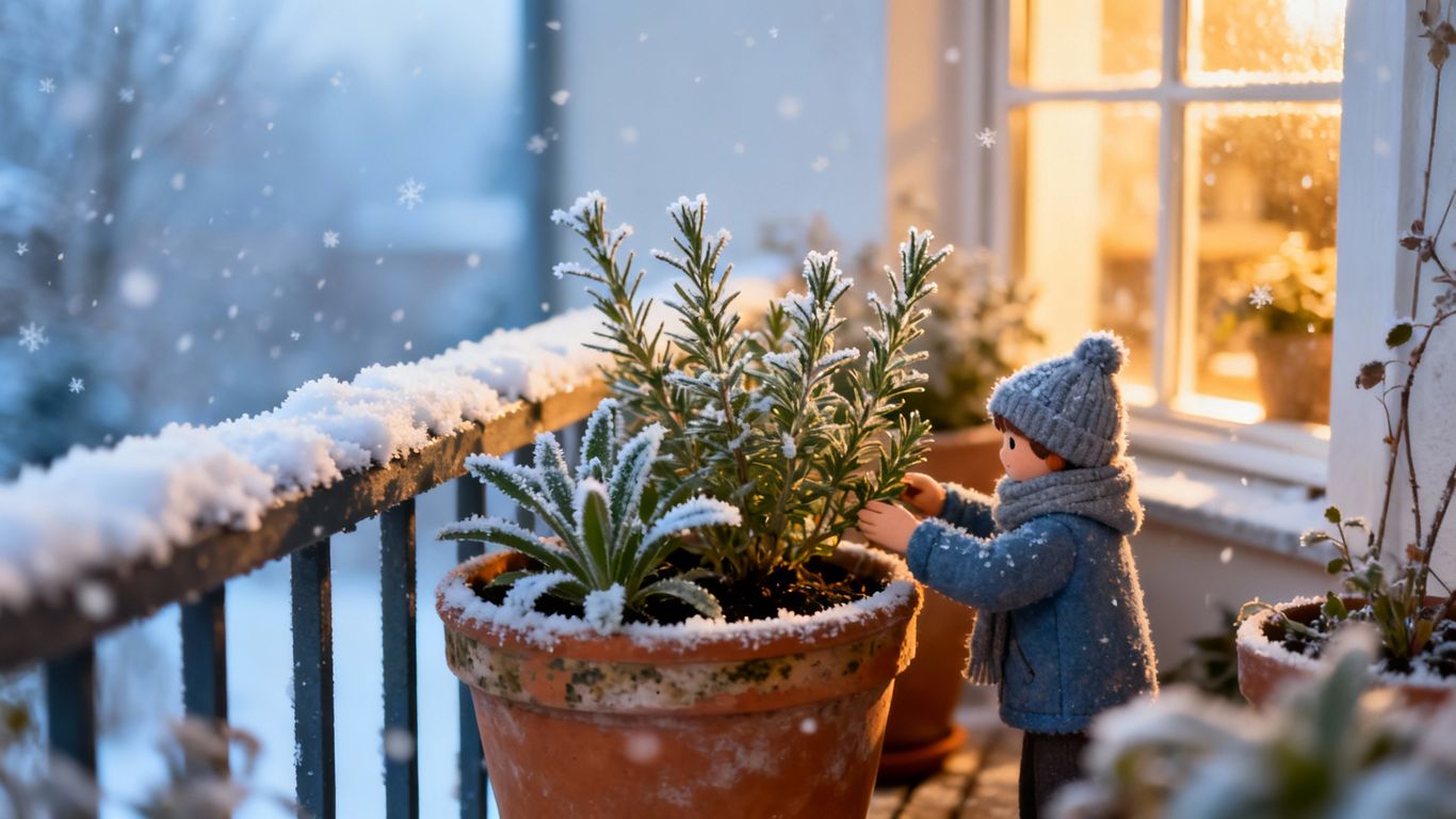 Urbane Gärtner im Winter auf einem Balkon